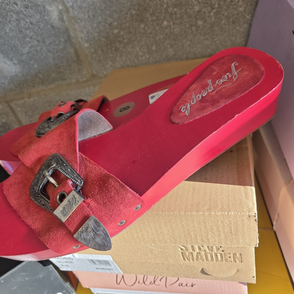Free People Red Suede Mules with Metal Buckle